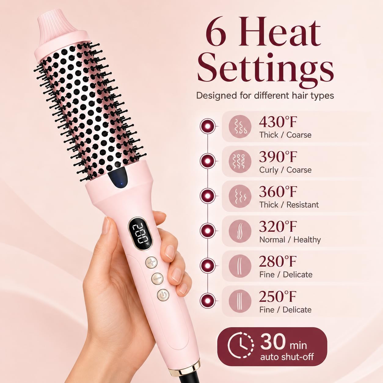 Long Barrel Thermal Brush for Blowout Looks, 6 Heat Settings, Dual Voltage