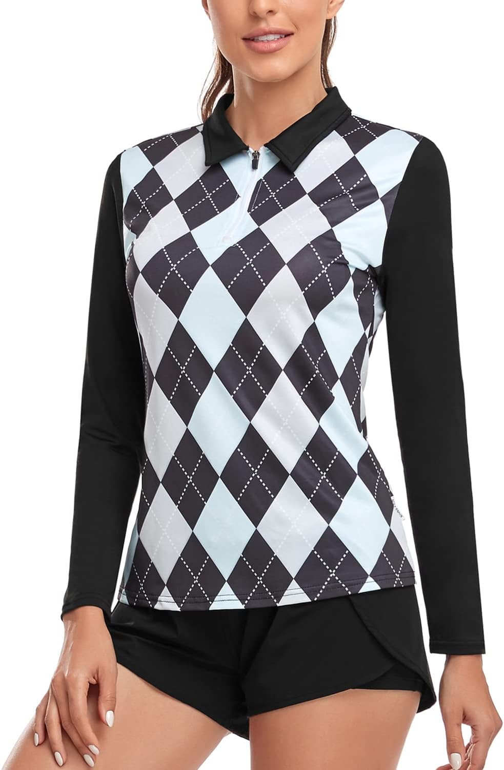 Soneven Women's Long Sleeve Golf Polo Shirts Moisture Wicking Quick Dry Half-Zip Pullover Athletic Workout Striped Tops