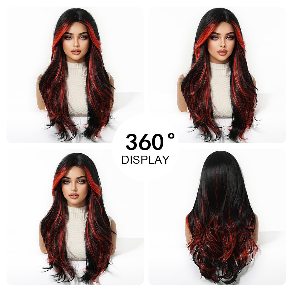 Parrucca nera con ciocche rosse per donne, parrucca lunga e mossa con frangia, capelli naturali in fibra sintetica per l'uso quotidiano, feste e Cosplay
