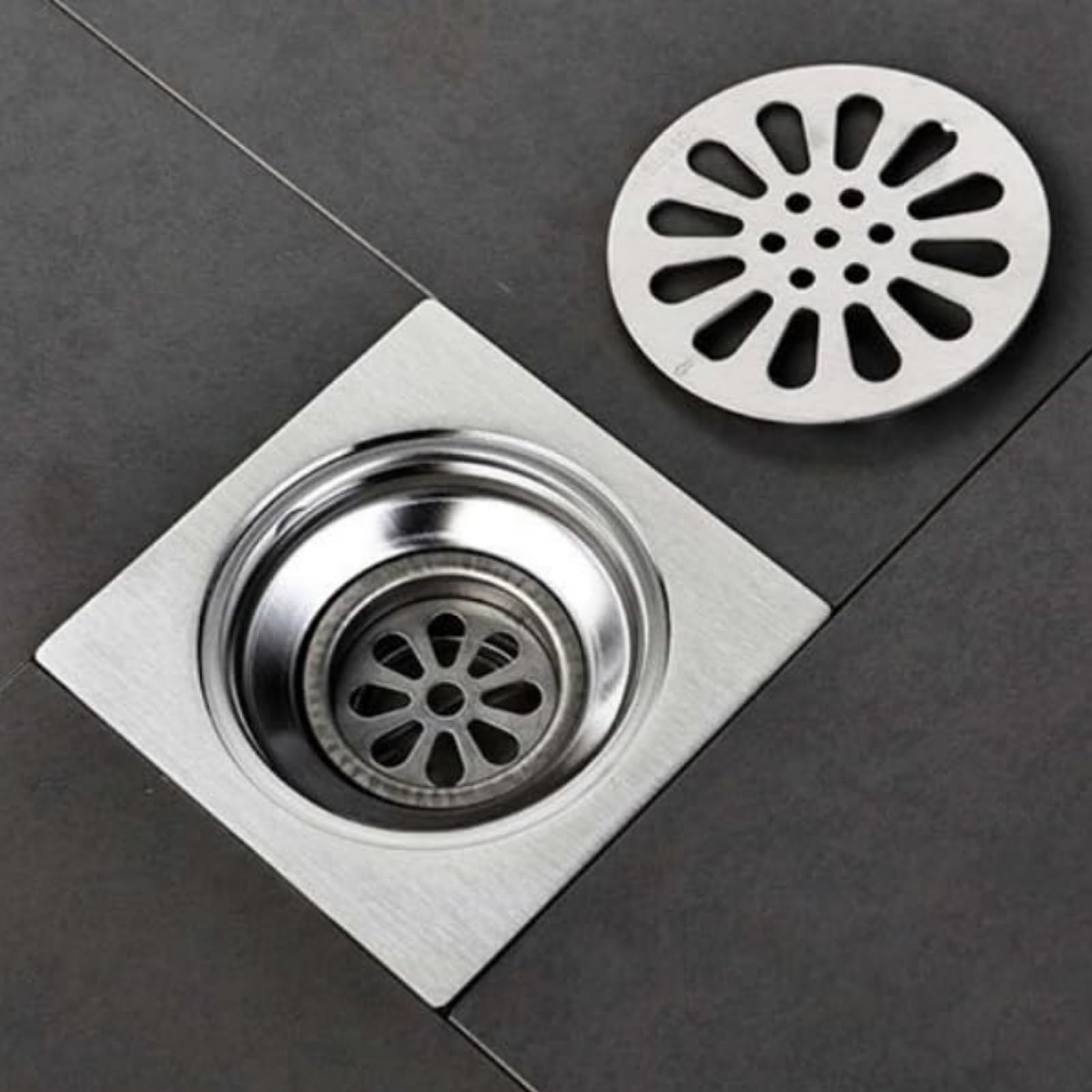 Vloersifon van roestvrij staal, geurremmend, vierkant, voor badkamer, afval, doucheafvoer vloerafvoer met afneembaar zeefdeksel (stijl 3