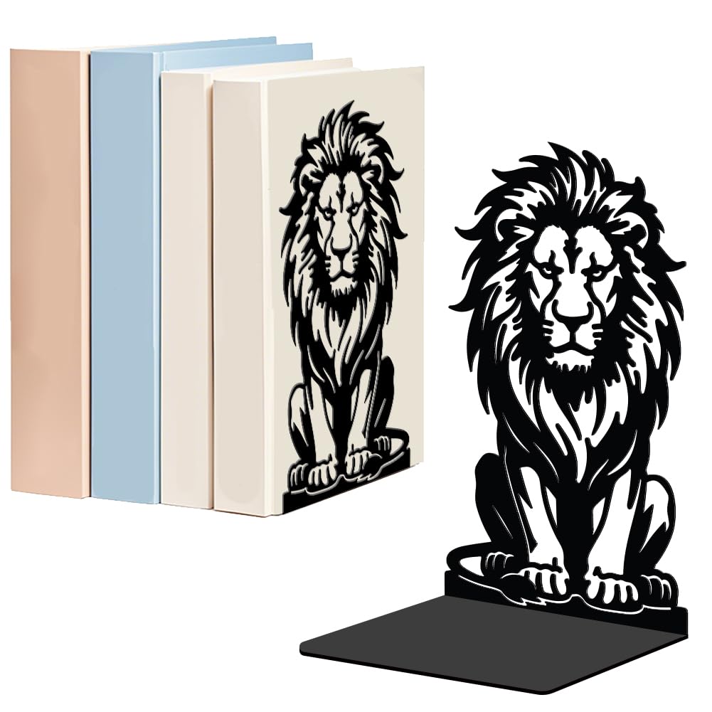 WADORN 1 Pair Lion Metal Decorative Bookend for Shelves, Heavy Duty Book Ends Modern Non-Skid Books Holder Stand Black Book Support Stoppers Reader Gift for Desk Bookshelf Office, 5.3x4.3x7.8 Inch
