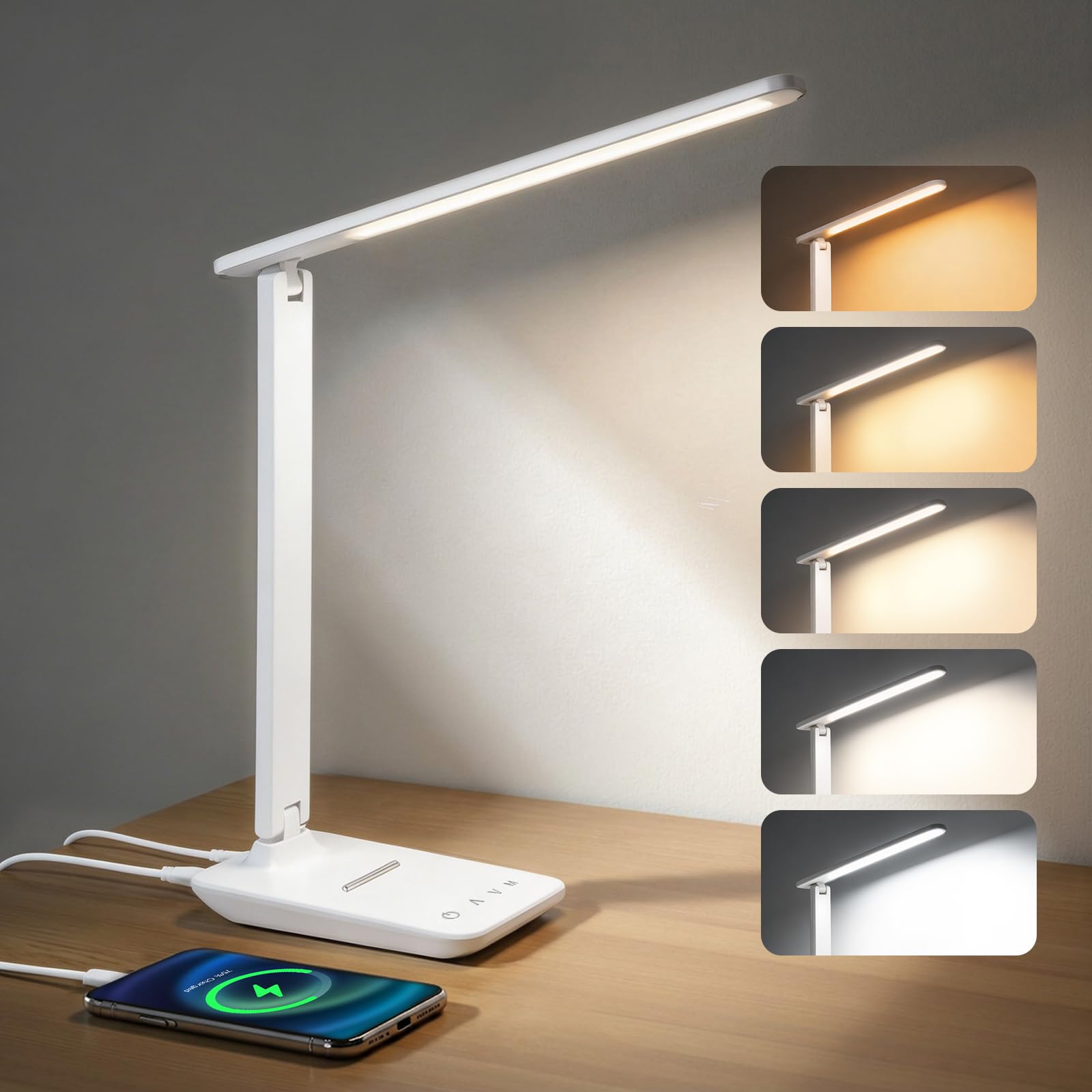 YAMYONE Lámpara de Escritorio LED con Puerto USB, Control Táctil, Luz Protectora Ocular, 5 Modos de Color y 5 Niveles d…