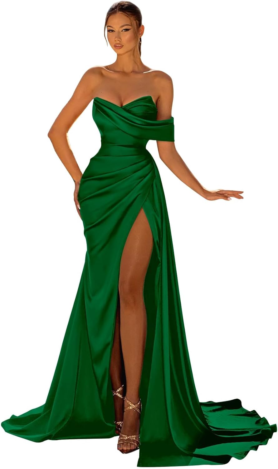 Women's Satin Bridesmaid Dresses with Slit Mermaid Off Shoulder Long Corset Prom Dresses Formal Gown