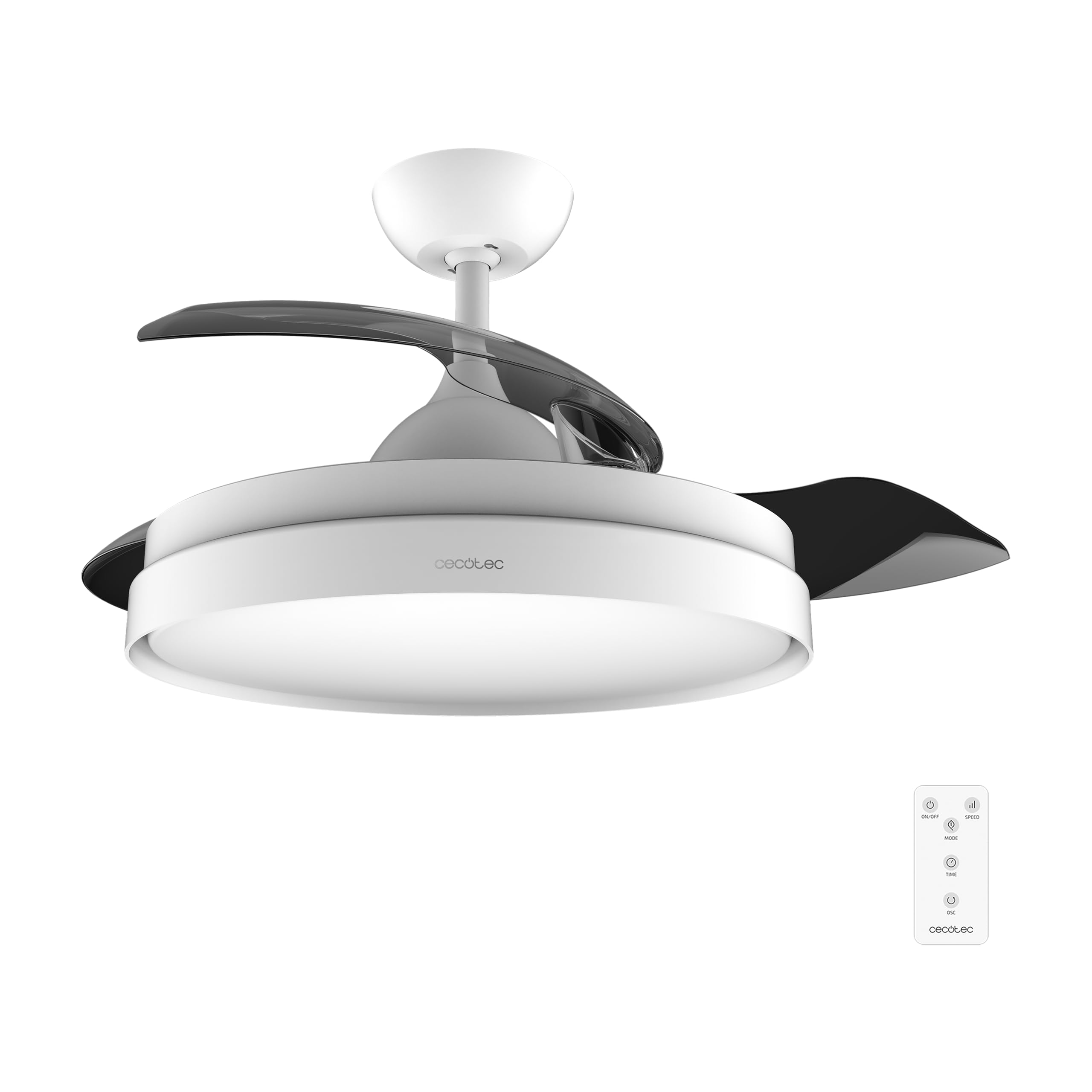 Cecotec Ventilador de Techo con Luz Energysilence Aero 4300 Invisible White. 35W, 6 Velocidades, Aspas Retráctiles, Mando a Distancia, Temporizador, Luz Led Integrada, Intensidad Lumínica Regulable Diámetro Abierto 41,7' White
