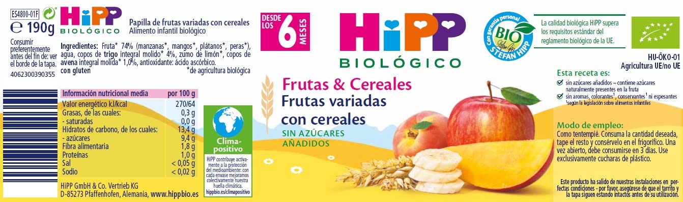 HiPP Biológico - Tarrito de Frutas Variadas con Cereales BIO - Pack 6x190g - 95% Fruta - 5% Cereales Integrales - Sin Azúcares Añadidos - Apto A Partir de 6 Meses