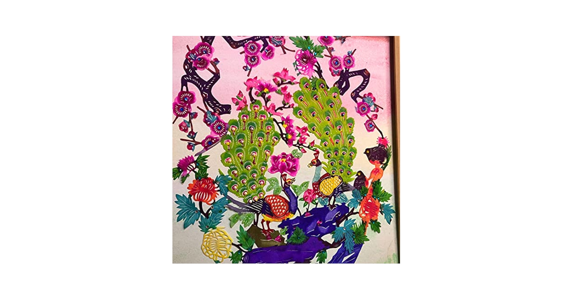 吉祥剪紙彩石宝飾画「吉祥双孔雀 薫風蝶蘭」破魔と魔