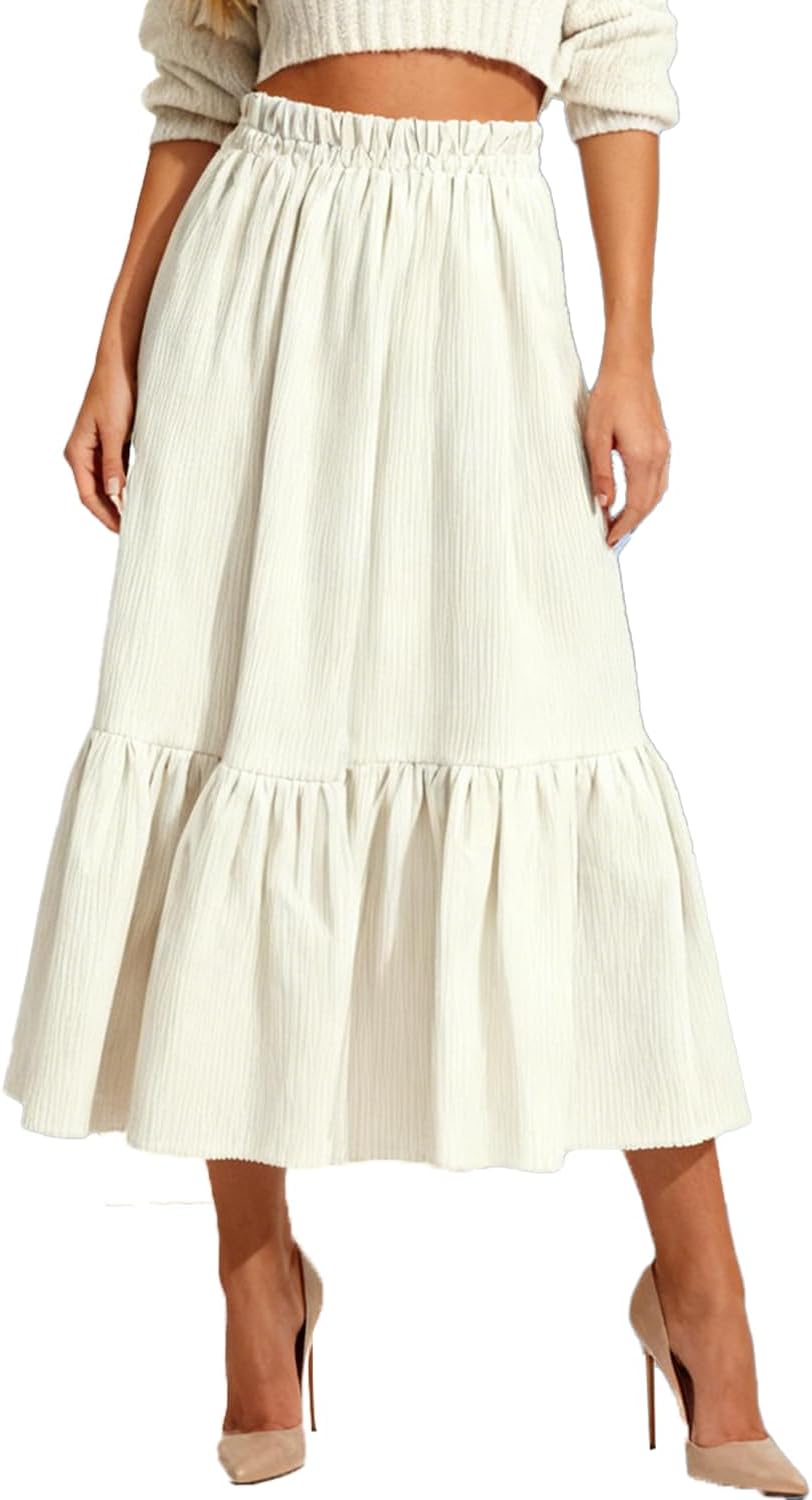 materasu Womens Maxi Skirt Elastic High Waist Swing Tiered A-line Flowy Pleated Boho Beach Vacation Long Skirts