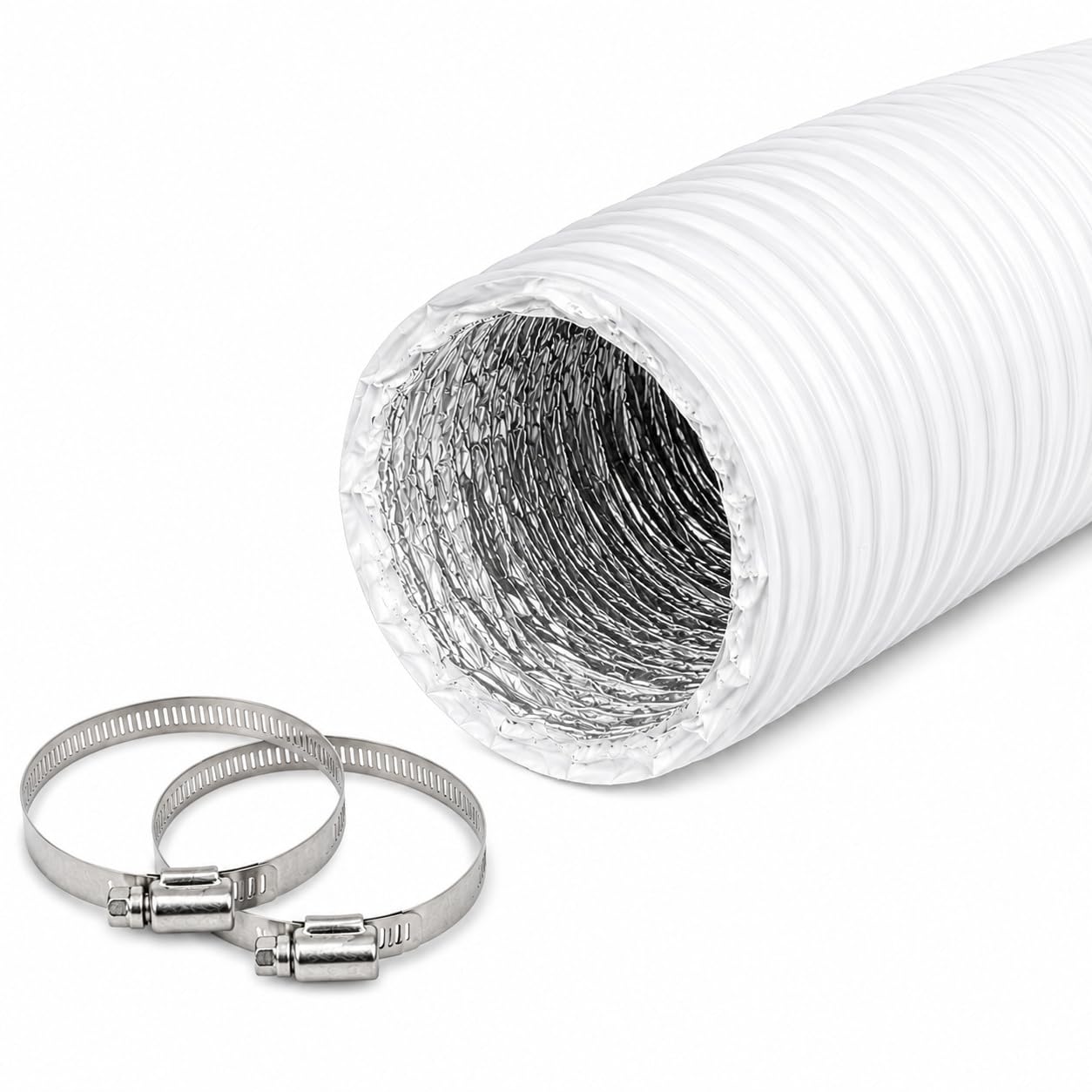 203mm 8 Inch x 10m Combi White PVC Flexible Ducting Hose Aluminium Inner Core Ventilation Extractor Fan Pipe with 2 Jubilee Clips for Extractor Fans Hydroponics Air Ventilation