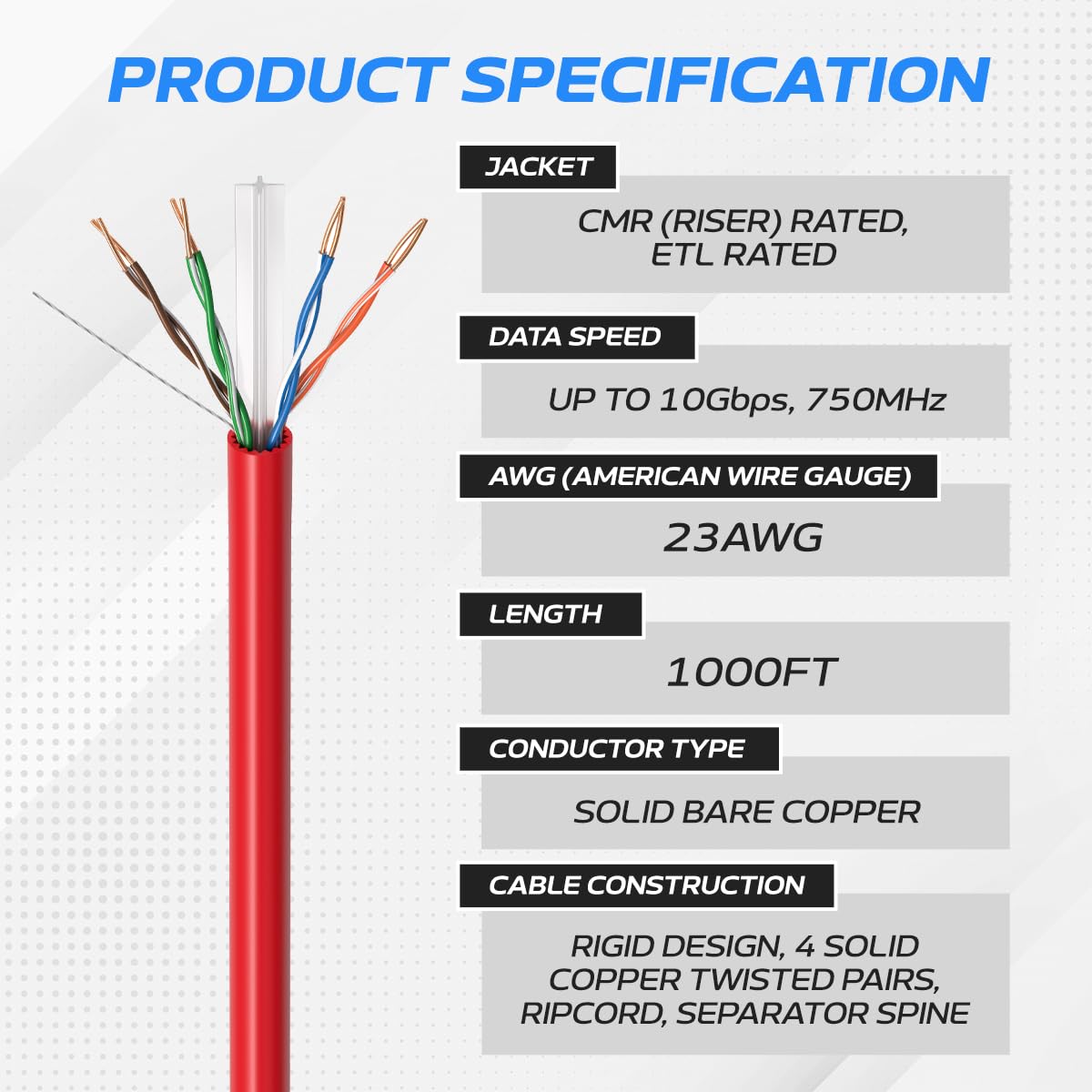 Cables Direct Online Lot de 4 Paires de câbles Ethernet Cat6A en cuivre Nu Massif 23 AWG avec Paire torsadée Non blindée (UTP) 305 m Rouge