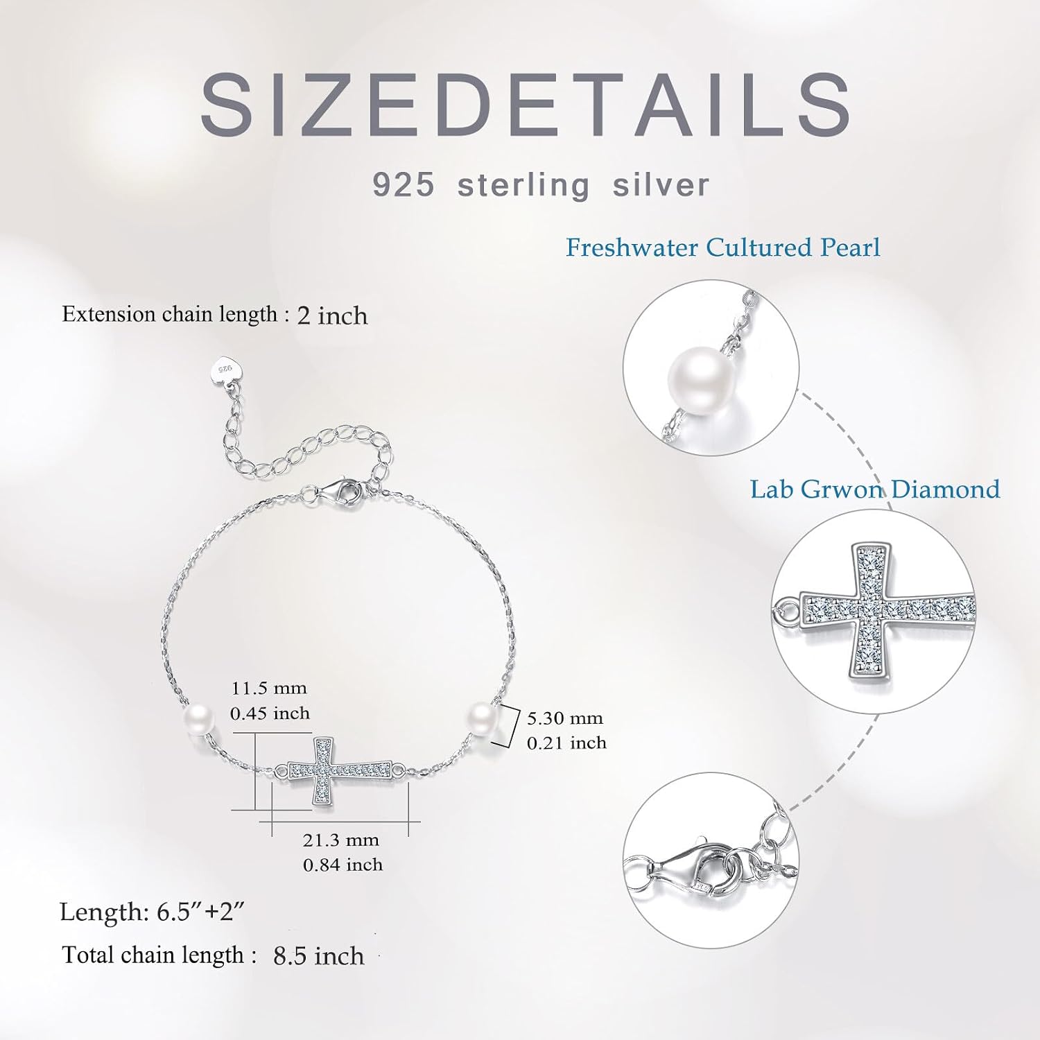 Sterling Silver 0.35 Cttw Lab Grown Diamond Cross Bracelet for Women, Freshwater Cultured Pearl Religious Jewelry Confimation Gifts for Her, 6.5-8.5 Inches