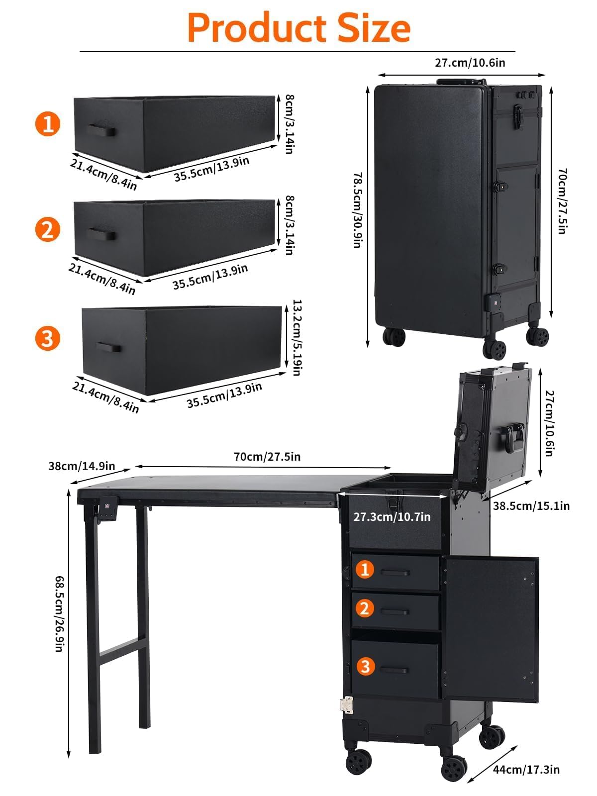 EBANKU Table Manucure Professionnelle à roulettes 360°, Table à Ongles Portable, Pliable, De Voyage, pour CosméTiques, avec Tiroirs, Miroir, Lecteur Bluetooth, Noir