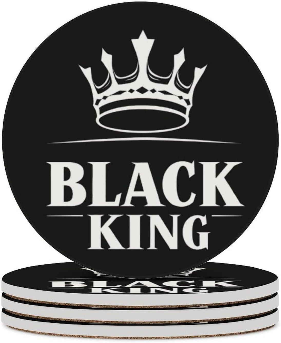 Black King Round Ceramic Coasters for Drinks Absorbent Cup Holder Tabletop Protector with Cork Base