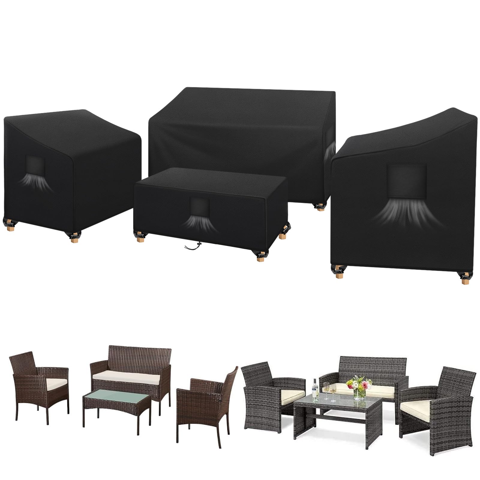 SIRUITON Juego de 4 Fundas para Muebles de Exterior 210D, Fundas Resistentes para Terraza, Set para Jardín/Veranda, Funda Impermeable para Banco (Negro)