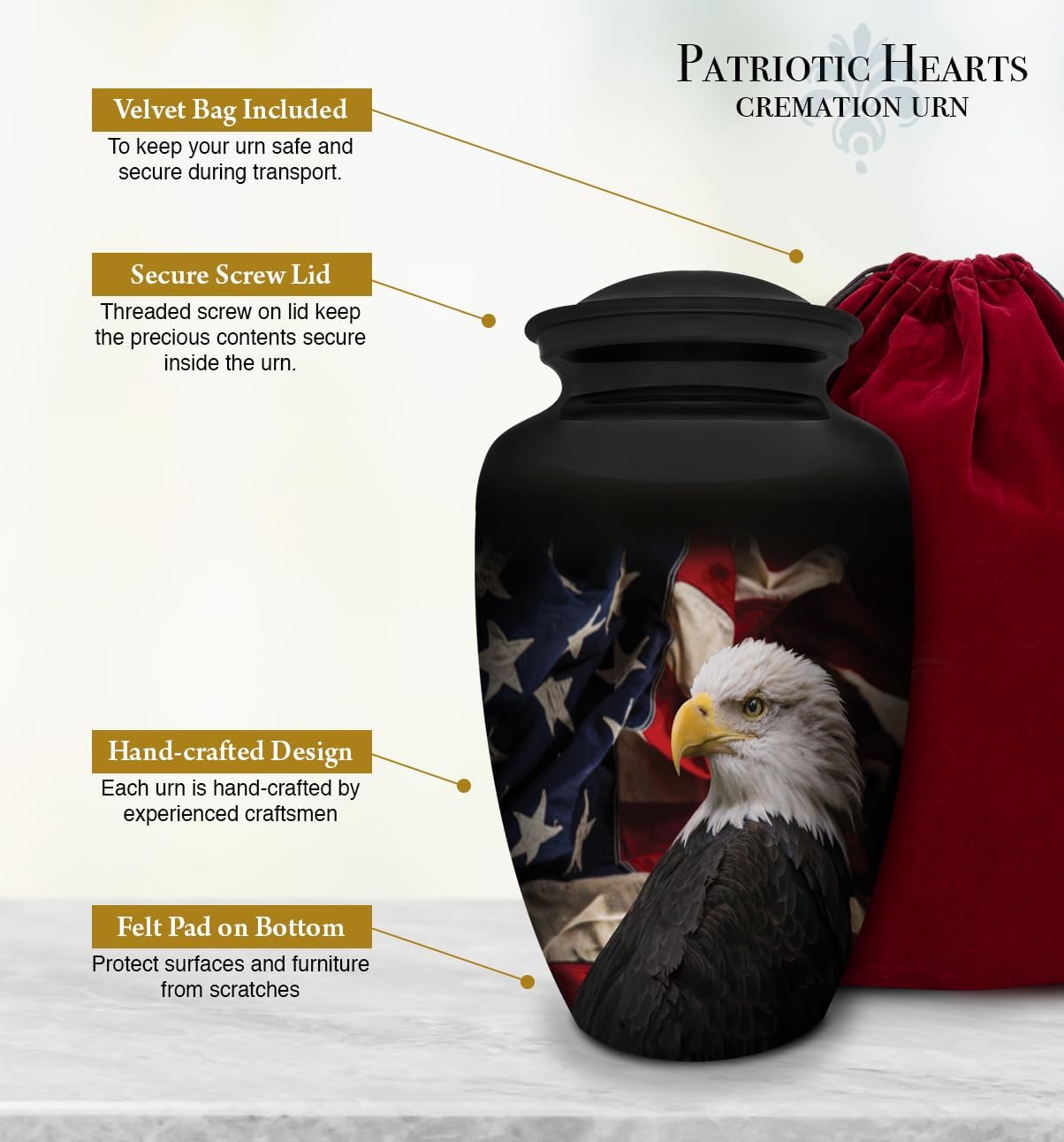 Patriotic Hearts Eagle Urn for Human Ashes | American Flag Cremation Urn for Adults, Veteran, Medium Size, Handmade Funeral Urns with Velvet Bag - Image 6