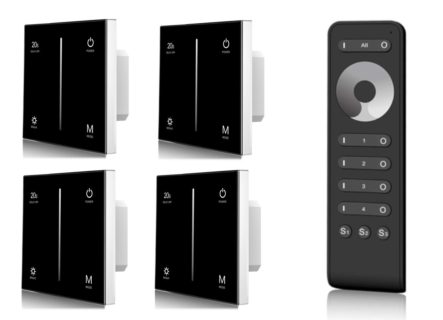Universal Funk-Dimmer 4er-Set mit Gruppenfernbedienung, Steuerung von LED, Halogen, Glühbirnen - elektronischer Dimm-Schalter (4x Dimmer, Touch-Panel)