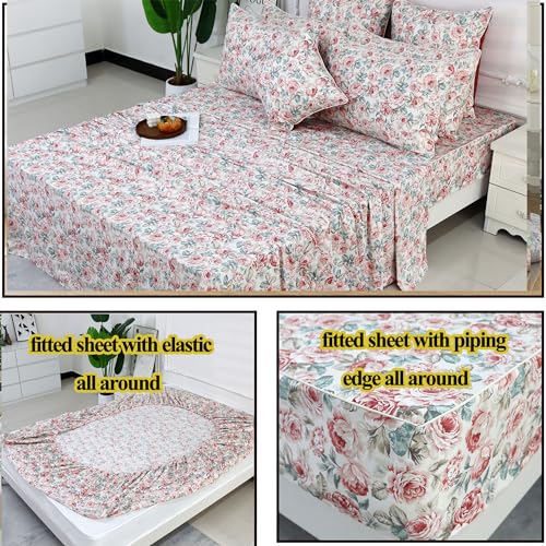 Image of FADFAY Rose Floral Sheets Set Twin XL Vintage Red Floral Bedding Shabby Rose Sheets French Country Farmhouse Bedding 800 Thread Count 100% Egyptian Cotton Deep Pocket Fitted Sheet 4Pcs, Twin XL Size