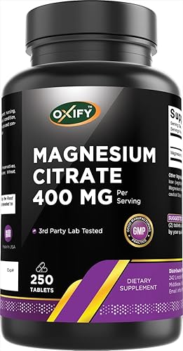 Oxify Citrato de magnesio 400 mg 250 tabletas Sin gluten, sin OMG Suplemento fabricado en Estados Unidos