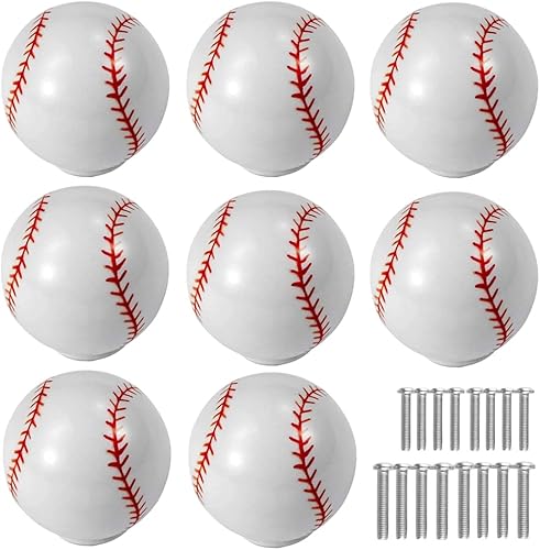 Pomos de béisbol para aparador, paquete de 8 pomos de cajón de decoración de béisbol, perillas deportivas de pelota para niños, cajón, armario,
