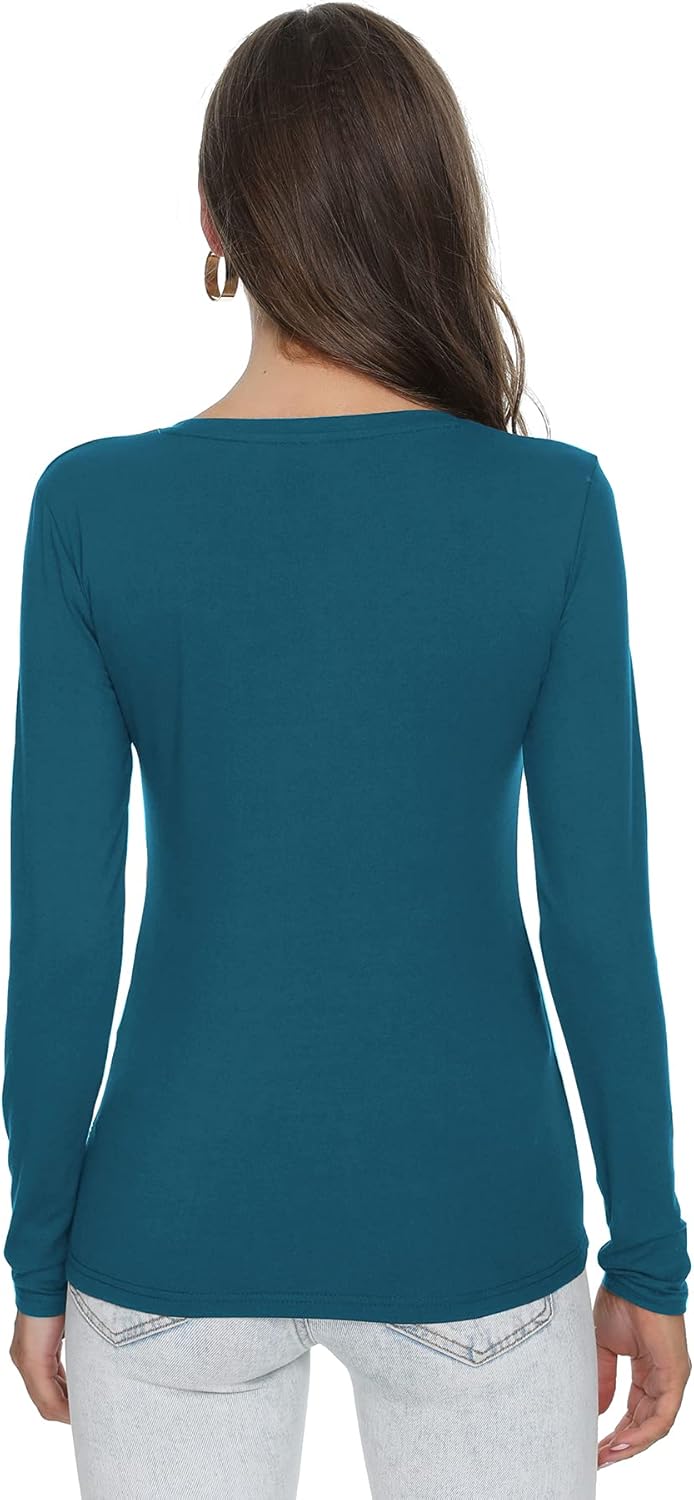 Women's Long Sleeve Scoop Neck Basic Plain Slim Fitted Cotton T Shirt Tops - Image 6