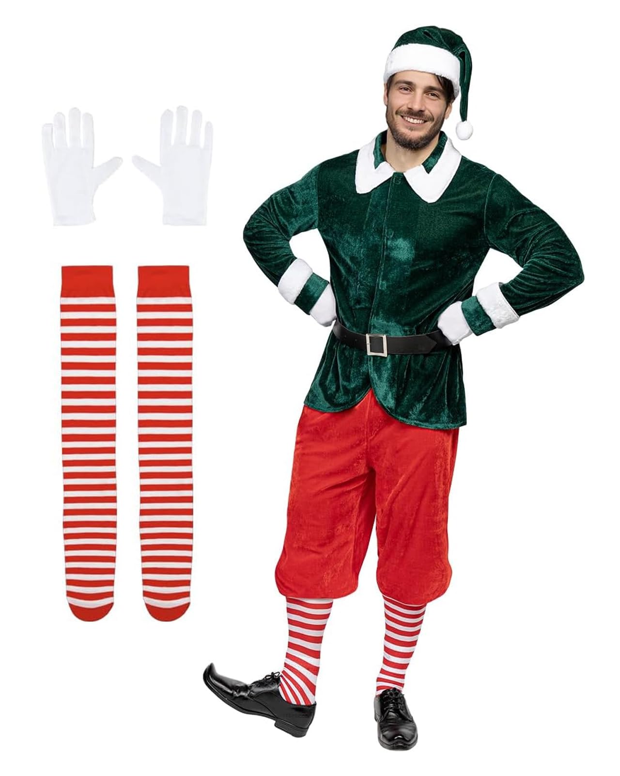 Disfraz De Elfo Navideño Para Adultos – Incluye Blusa, Pantalón, Cinturón, Gorro Y Medias, Tallas S-3XL, Ideal Para Fiestas