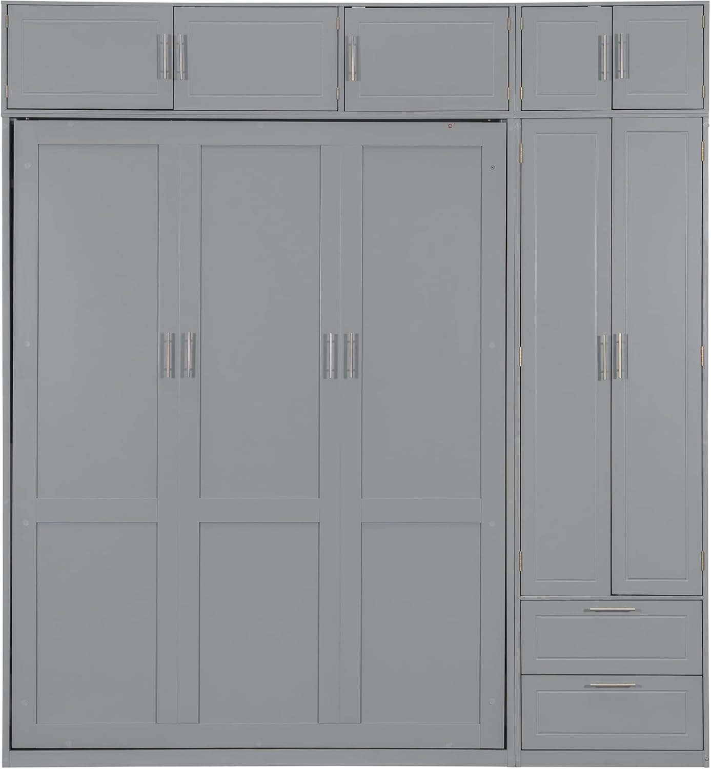 LZ LEISURE ZONE Queen Size Murphy Bed, Wood Space Saving Foldable Wall Bed with Top Cabinet, Shelves and Wardrobe, Gray