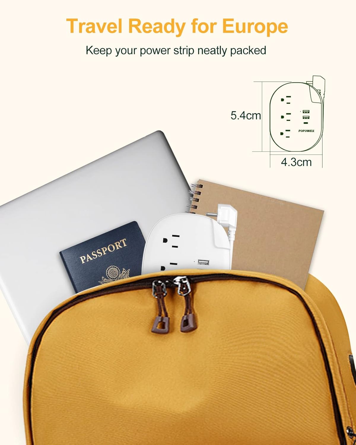 European Travel Plug Adapter with USB C - US to EU Plug Adaptor 3 USB Ports(15.5 W), Type E Europen Power Strip 3 Outlet Adaptors for EU German France Spain Portugal Iceland Greece, 20 in,White