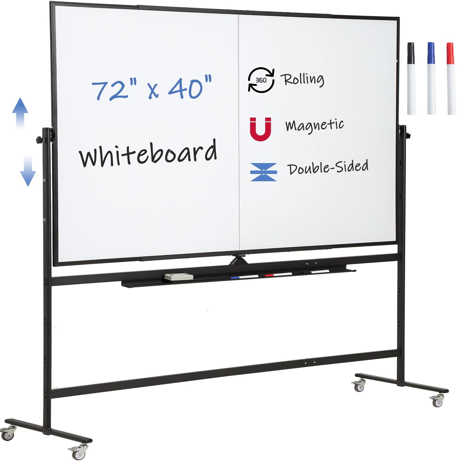 Large Magnetic Mobile Whiteboard 72"x40", Rolling Double Sided Stand Whiteboard on Wheels, Reversible Adjustable Height/Angle Dry Erase Board Easel White Board for Office Classroom, Black