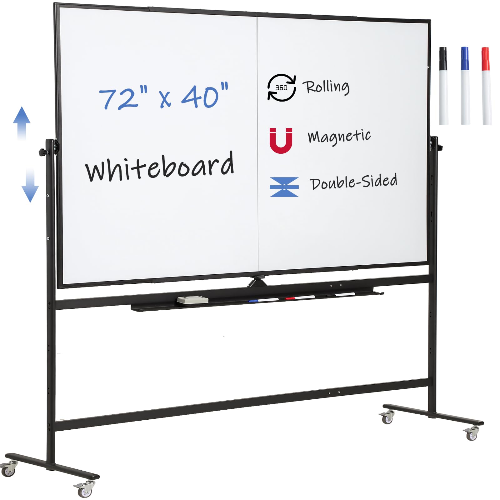 FORTUNO Large Magnetic Mobile Whiteboard 72"x40", Rolling Double Sided Stand Whiteboard on Wheels, Reversible Adjustable Height/Angle Dry Erase Board