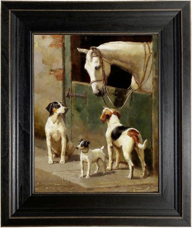 Schooner Bay Co.- Dog and Horse at Stable 8" x 10” Oil Painting Print on Canvas Rustic Distressed Black Frame Home Wall Art Décor Horse Farmhouse Ready To Hang