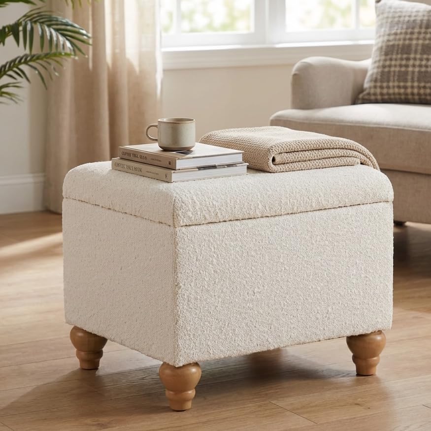 Image of HomePop 22 inch Medium Rectangular Storage Ottoman - Cream Boucle