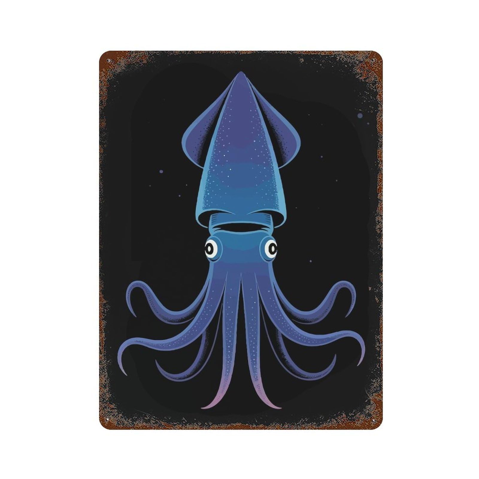 Stylized Blue Squid on Black Background Weathered Tin Sign 15.7"x11.8", Ideal for Shed, Workshop And Garage Wall Decor