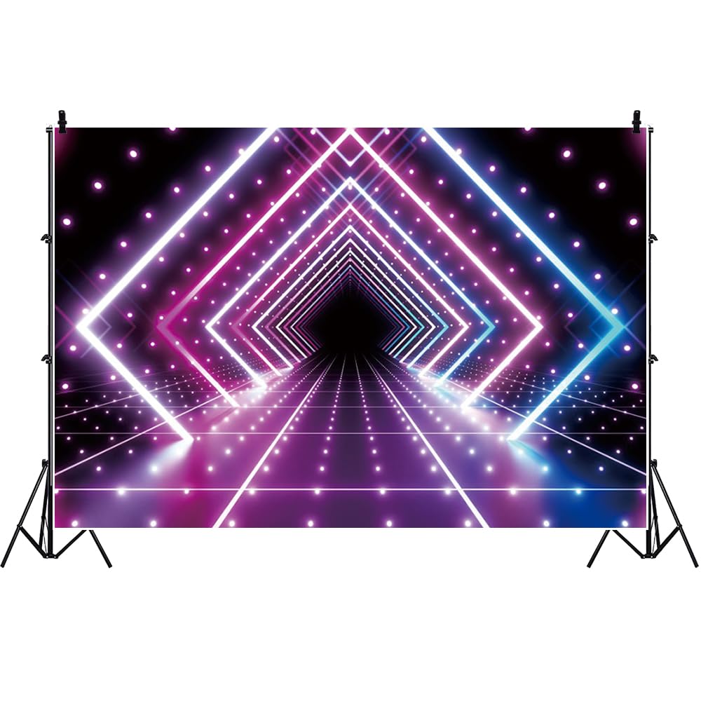 4.5x3m Let 's Glow Fondo de Fiesta de Neón Futurista Cuadrado Luces de Neón Túnel Música Fiesta de Cumpleaños Fotografía Fondo Los 80 90 's Disco Fiesta Banner