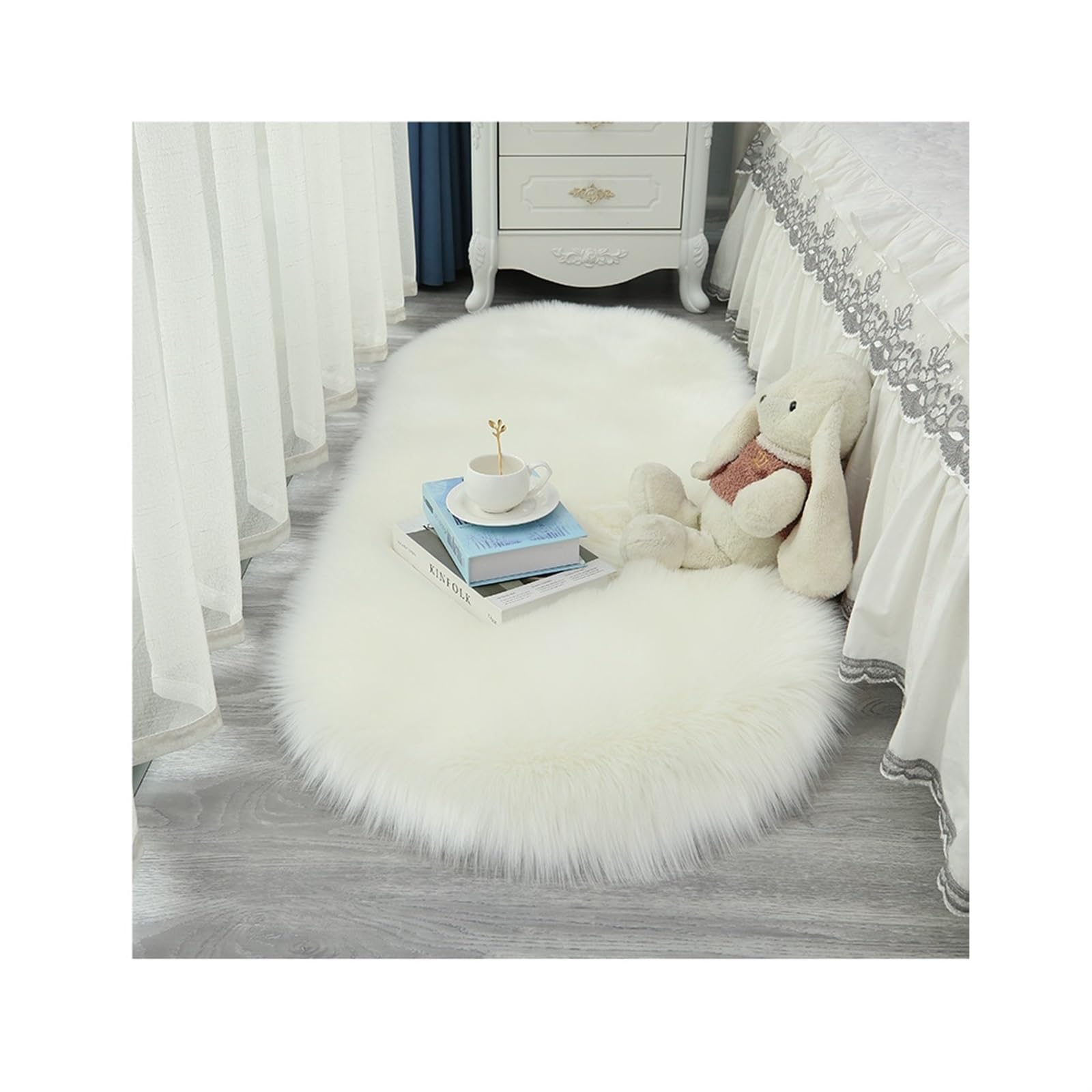 Tapis de salon moelleux ovale fausse fourrure pour déco chambre fille