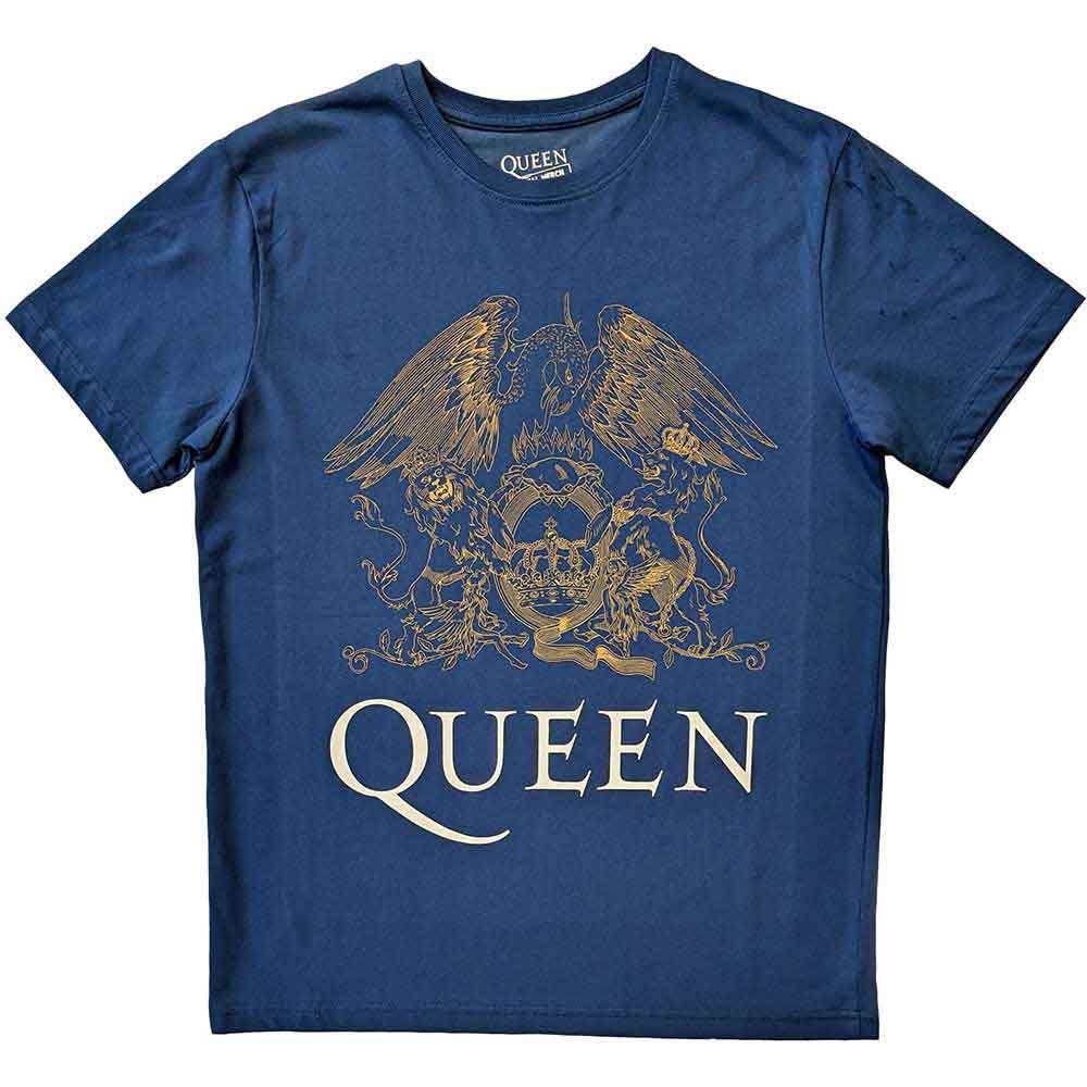Queen T Shirt Gold Crest Band Logo Official Unisex Denim Blue XL