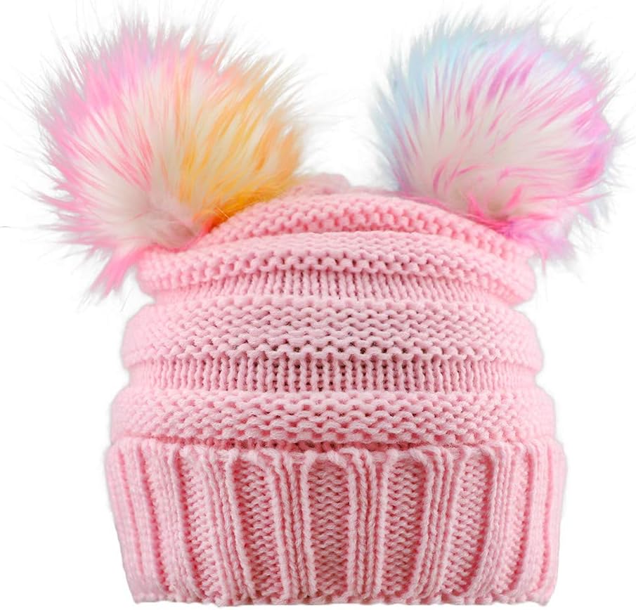 Kids Girls Boys Multi-Color Ear Double Pom Pom Beanie Hat Winter Warm Rib Knitt Ski Hats (Age 7-15)