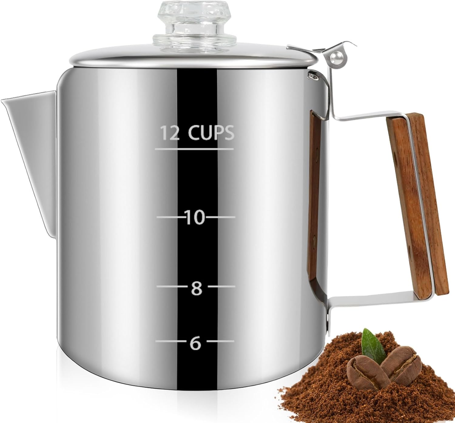 12 Cup Percolator 304 Stainless Steel Coffee Pot Coffee Maker Coffee Machine with Solid Wood Handle Transparent Knob Stovetop Greca Mocha for Induction Home and Camping 2200ml 74.4oz
