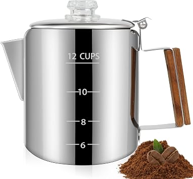 Percolator 304 Stainless Steel Coffee Pot Coffee Maker Coffee Machine with Solid Wood Handle Transparent Knob Stovetop Greca Mocha for Induction Home and Camping Silver, 12 Cup