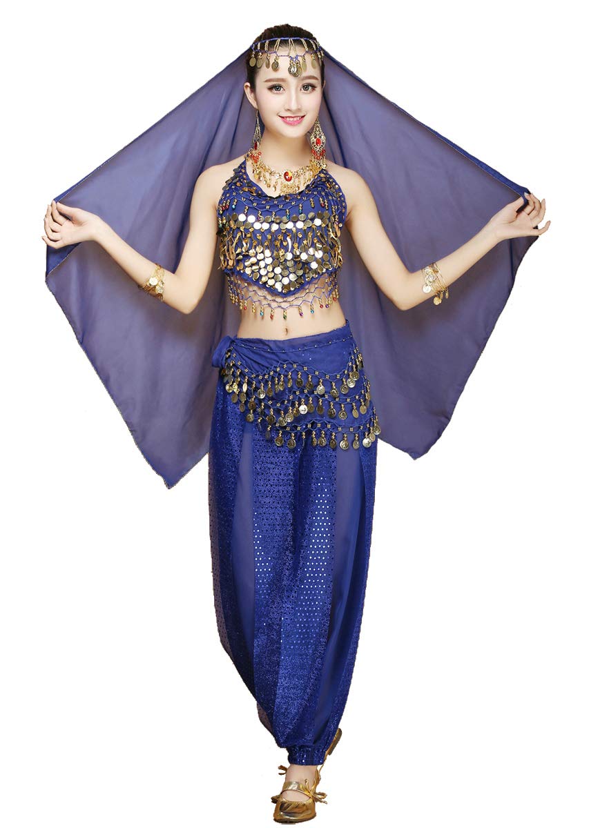 Womens danzatrice del Ventre 4 Pezzi Vestito Costume Set con Il Massimo dei Pantaloni Testa Velo Sciarpa dell'anca per Ballare Egiziano Arabian