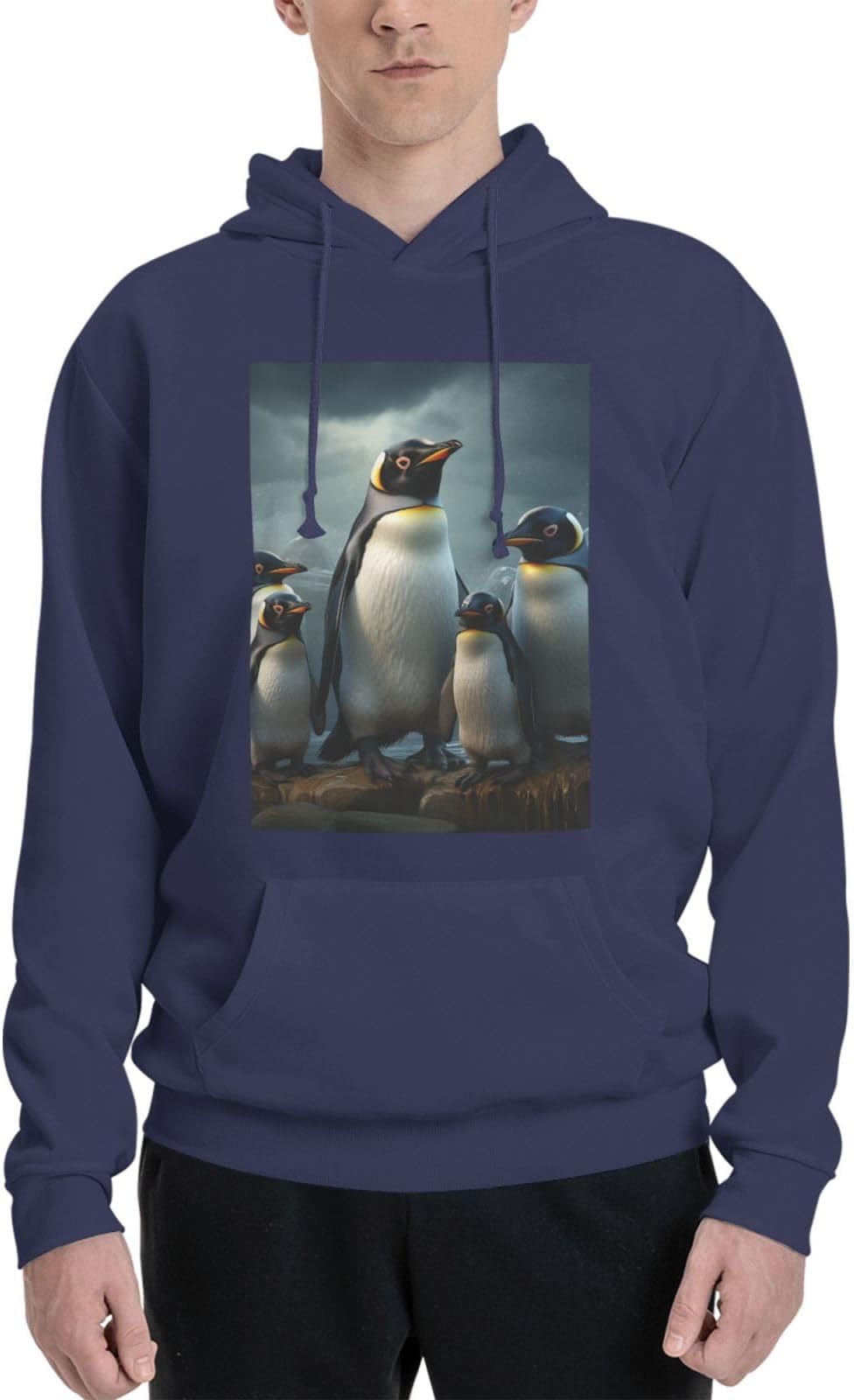 Men's Fleece Hoodie Sweatshirts Fall Pullover Hoodies Casual Sweaters Penguin Family Winter Clothes Navy Blue