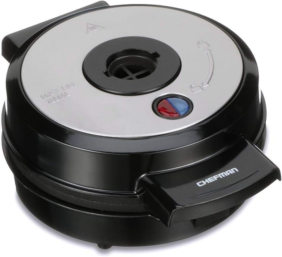 Chefman Perfect Pour Volcano Belgian Waffle Maker w/No Overflow Design Round Iron for Mess-Free Breakfast, Best Small Appliance Innovation Award Winner, Measuring Cup & Cleaning Tool Included, Black