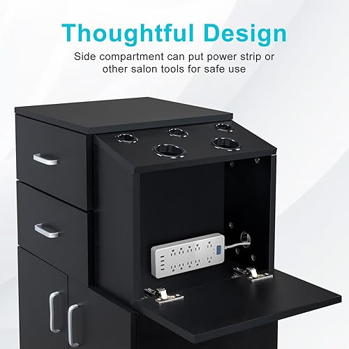 Miniatura 8 de Winado Carrito de salón con ruedas, estación de salón con 5 soportes para secador de pelo, 2 cajones, 1 gabinete grande, equipo de estilista para