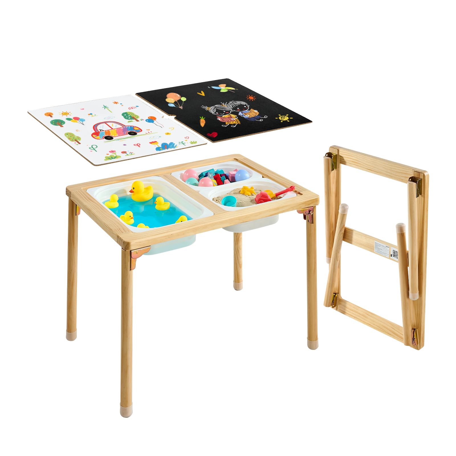 VEVOR Sensory Table for Toddlers, Foldable Wooden Kids Activity Table with Double-Sided Board, Storage Bins, and Non-Slip Feet, for Boys and Girls