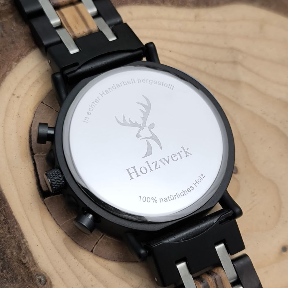 Holzwerk Germany Orologio da uomo di design, realizzato a mano, in legno naturale, cronografo, analogico, al quarzo, marrone e nero, con data, quadrante in legno