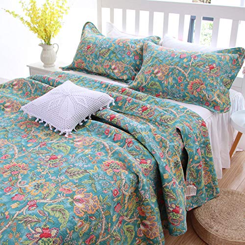 3 PCS American Country Cottage Green Floral Bedspread Quilt Coverlet Patchwork 100% Cotton Queen Size