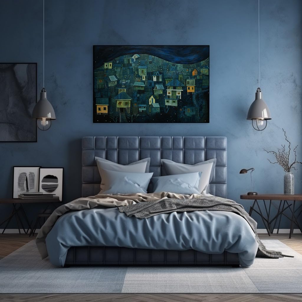 Canvas for Living Room. Starry Hilltop Village: A Nighttime Tapestry in Vivid Hues, 27 x 18 inch Canvas Wall Art - Modern Home Decor