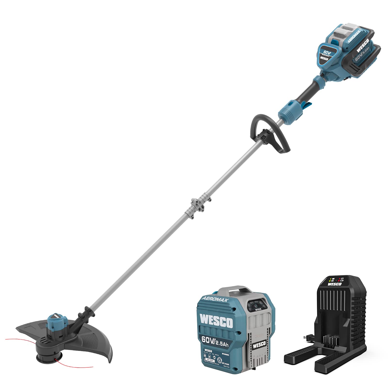 WESCO Cordless String Trimmer/Edger with Power Head 2.5 Ah Battery and Charger Included, 60-Volt 180