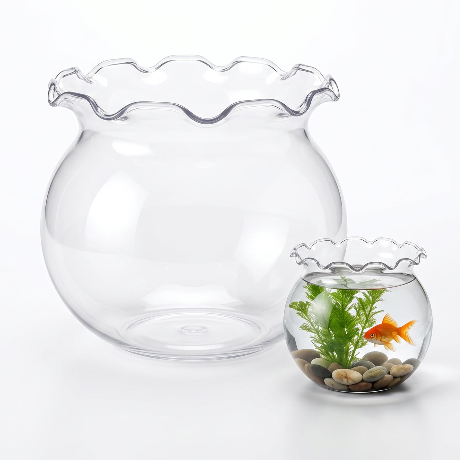 Mini Plastic Fish Bowl with Floral Trim, 27 oz Decorative Fish Bowls Unbreakable Plastic Betta Fishes Tank Clear Round Desktop Vases Bowls Desktop Aquarium for Centerpiece Vases, Candy, Party Favors