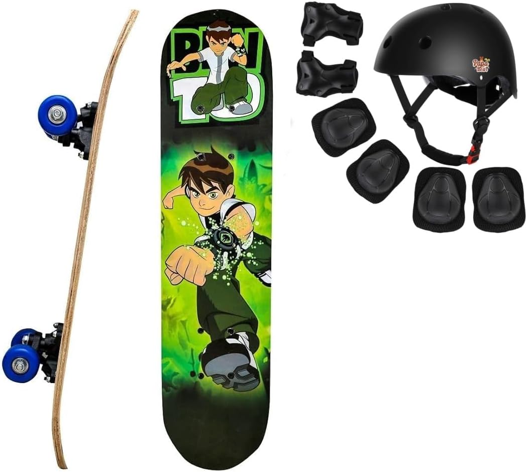 Papa Bear Ben-10 23"X 6" Double Kick Concave Skate Board 9 Layer Plywood Deck Standard Skateboards for Kids Boys Girls Beginners Teens Adult, Skateboard Combo with Safety Kit (Ben 10 w Safety kit)