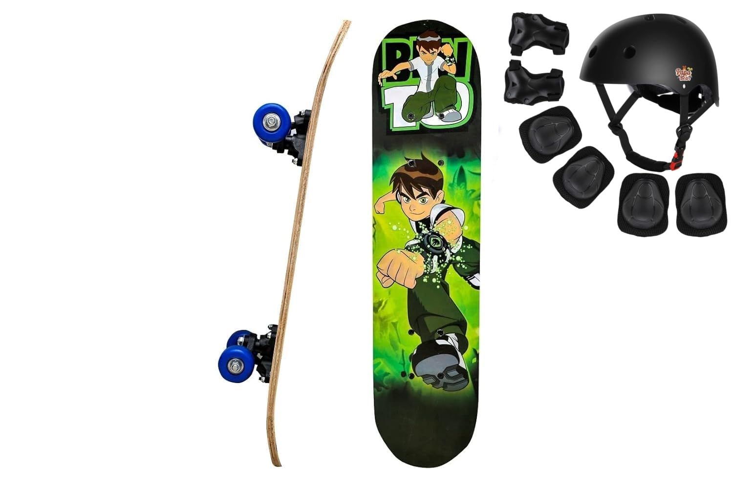 Papa Bear Ben-10 23"X 6" Double Kick Concave Skate Board 9 Layer Plywood Deck Standard Skateboards for Kids Boys Girls Beginners Teens Adult, Skateboard Combo with Safety Kit (Ben 10 w Safety kit)