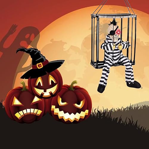 Miniatura 5 de Fsocpen Animated Halloween Decorations,Scary Screaming Skull Cage Prisoner Halloween Decoration,Light Up Eyes Spooky Scary Cage Ghost Clown Prisoner